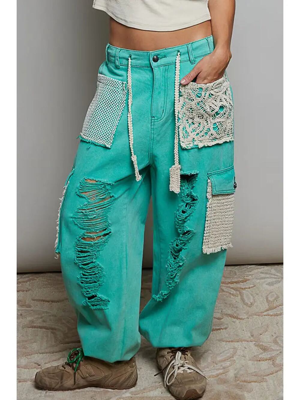 POL Vintage Wash Crochet Patches Distress Jogger Pants